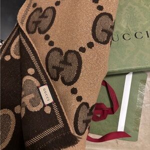 Gucci Beige and Dark Brown Logo Scarf